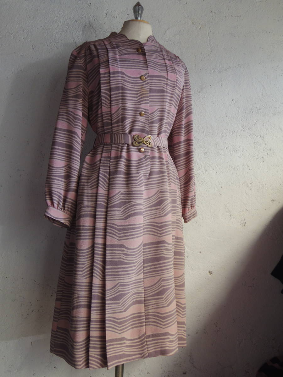 古着♪レトロVintageピンクグレーおしゃれ柄モダンワンピ♪昭和 古着♪レトロVintageピンクグレーおしゃれ柄モダンワンピ♪昭和
