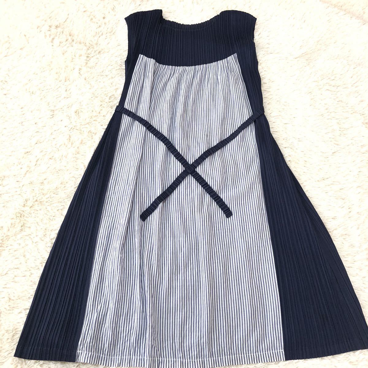 1円 〜 PLEATS PLEASE プリーツプリーズ ISSEY MIYAKE イッセイミヤケ ワンピース Aライン 異素材 ストライプ リボン ネイビー サイズ2