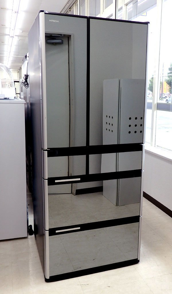北海道/千歳市発 動作品 日立/HITACHI 6ドア冷凍冷蔵庫 R-M6200D(X) 13年製 620L クリスタルミラー 鏡面ドア 真空チルドFS 電動引き出し 1