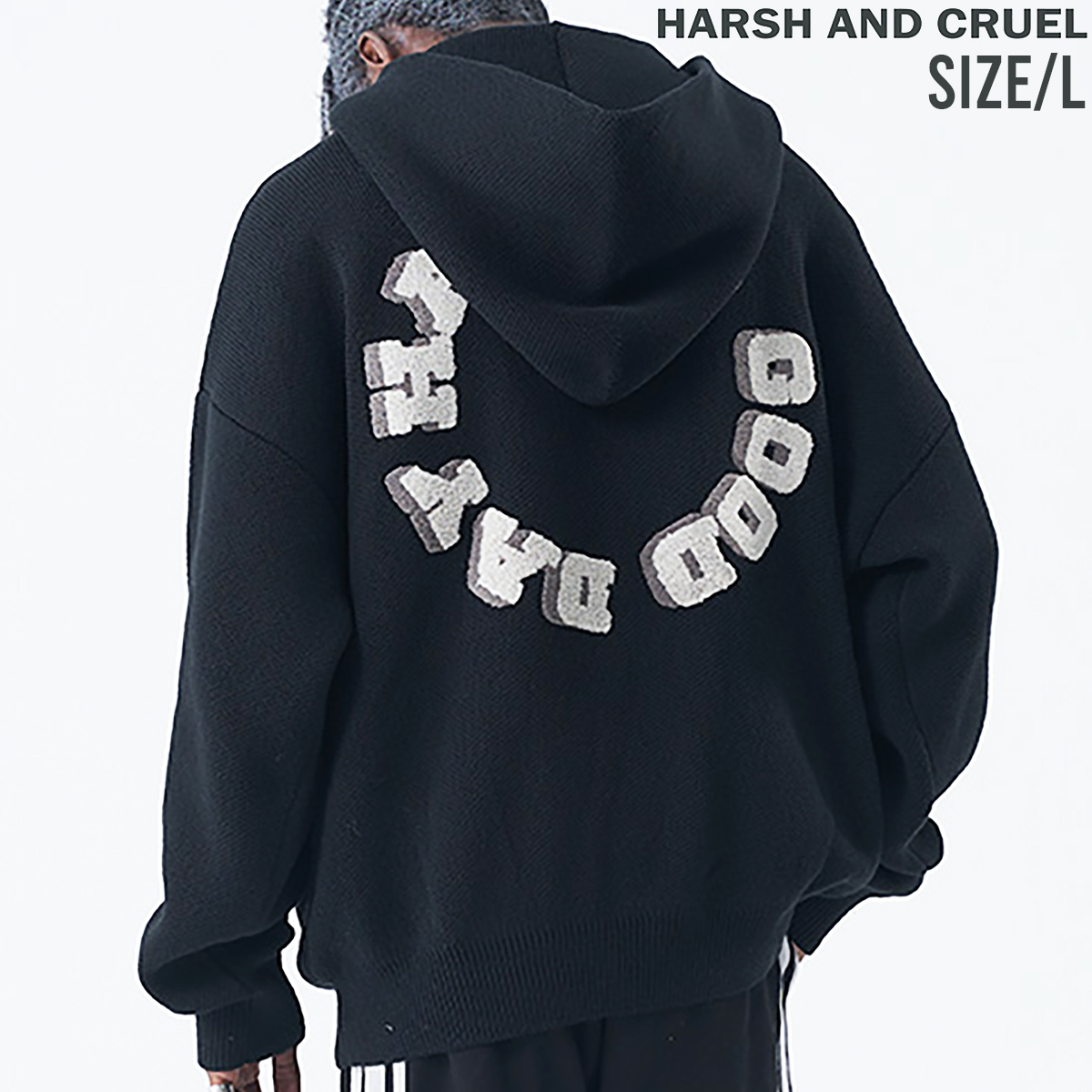 【 HARSH AND CRUEL 】 ユニセックス サガラ ワッペンロゴ ニット パーカー Embroidery PATCH 3D LOGO KNIT HOODIE ブラック Lサイズ