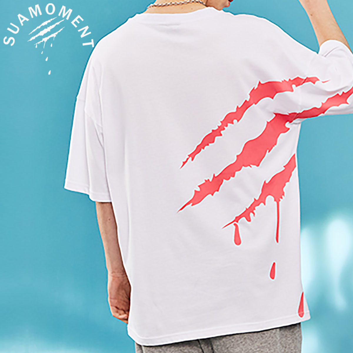 【 SUAMOMENT 】 ユニセックス オーバーサイズ バックプリント Tシャツ UNISEX CLAW MARKS NEON PRINT T-shirt ホワイトxピンク_画像1