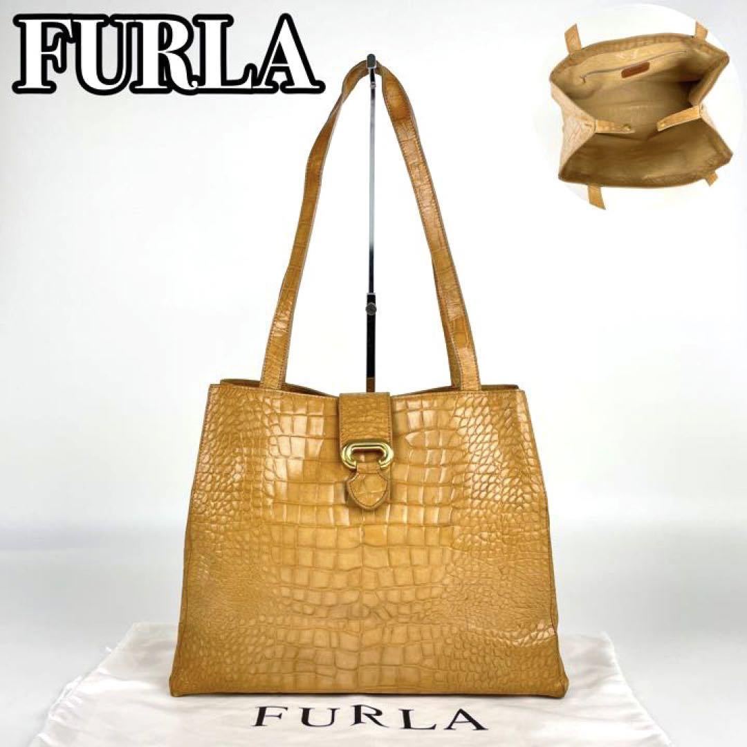 【美品】FURLA フルラ トートバッグ ワンショルダー ハンドバッグ クロコ型押し ゴールド金具 ブランドロゴ 肩掛け レザー A4収納