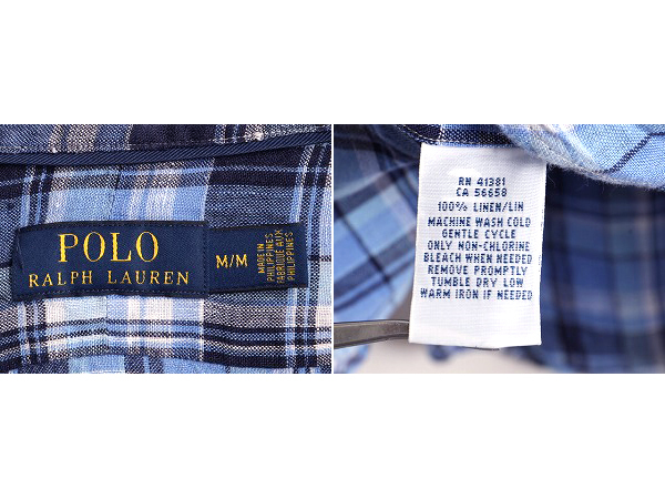 高級 100% リネン □ POLO ポロ ラルフローレン チェック 長袖 シャツ
