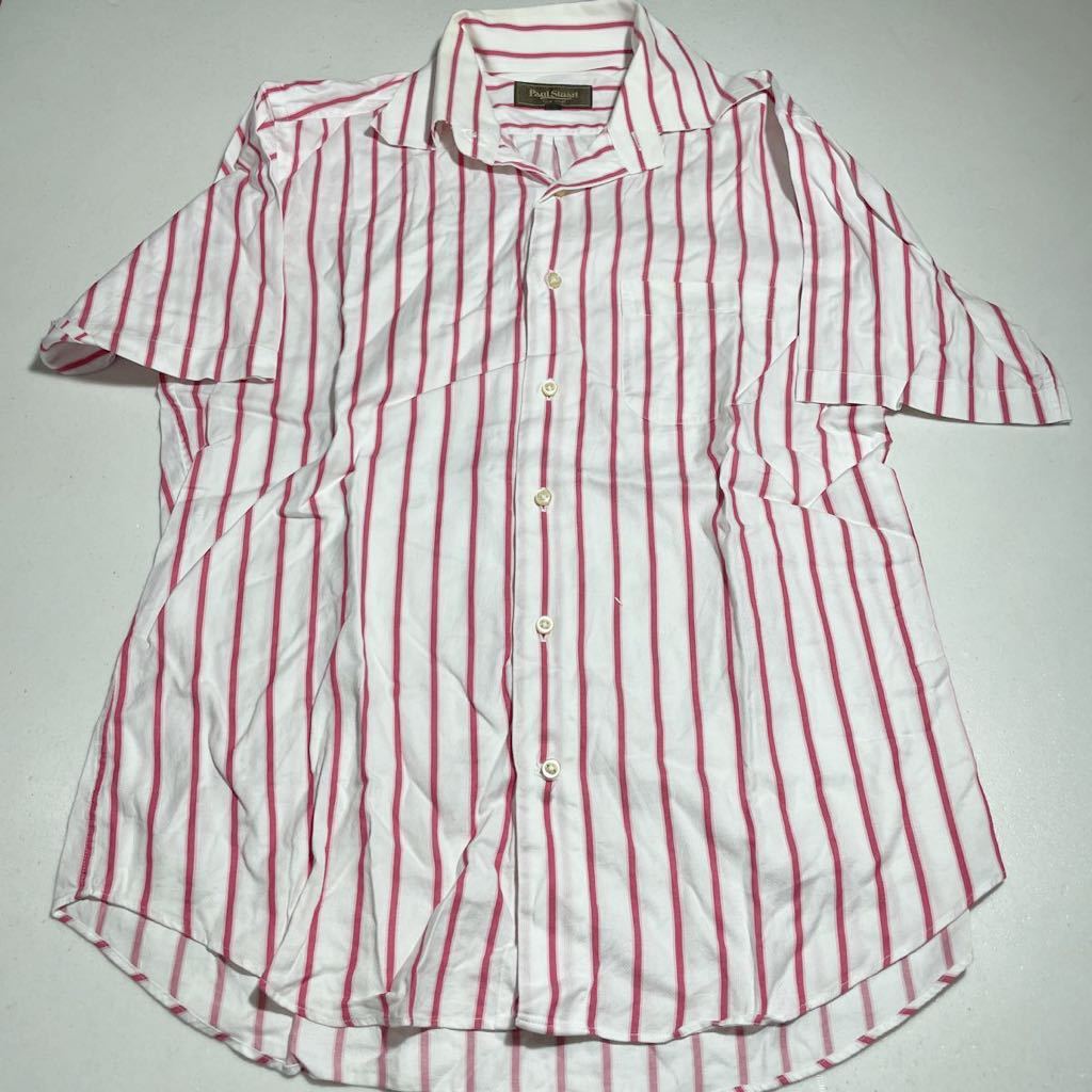 ポールスチュアート PAUL STUART 白 ホワイト ピンク 襟付き チェック柄 半袖シャツ Lサイズの画像1