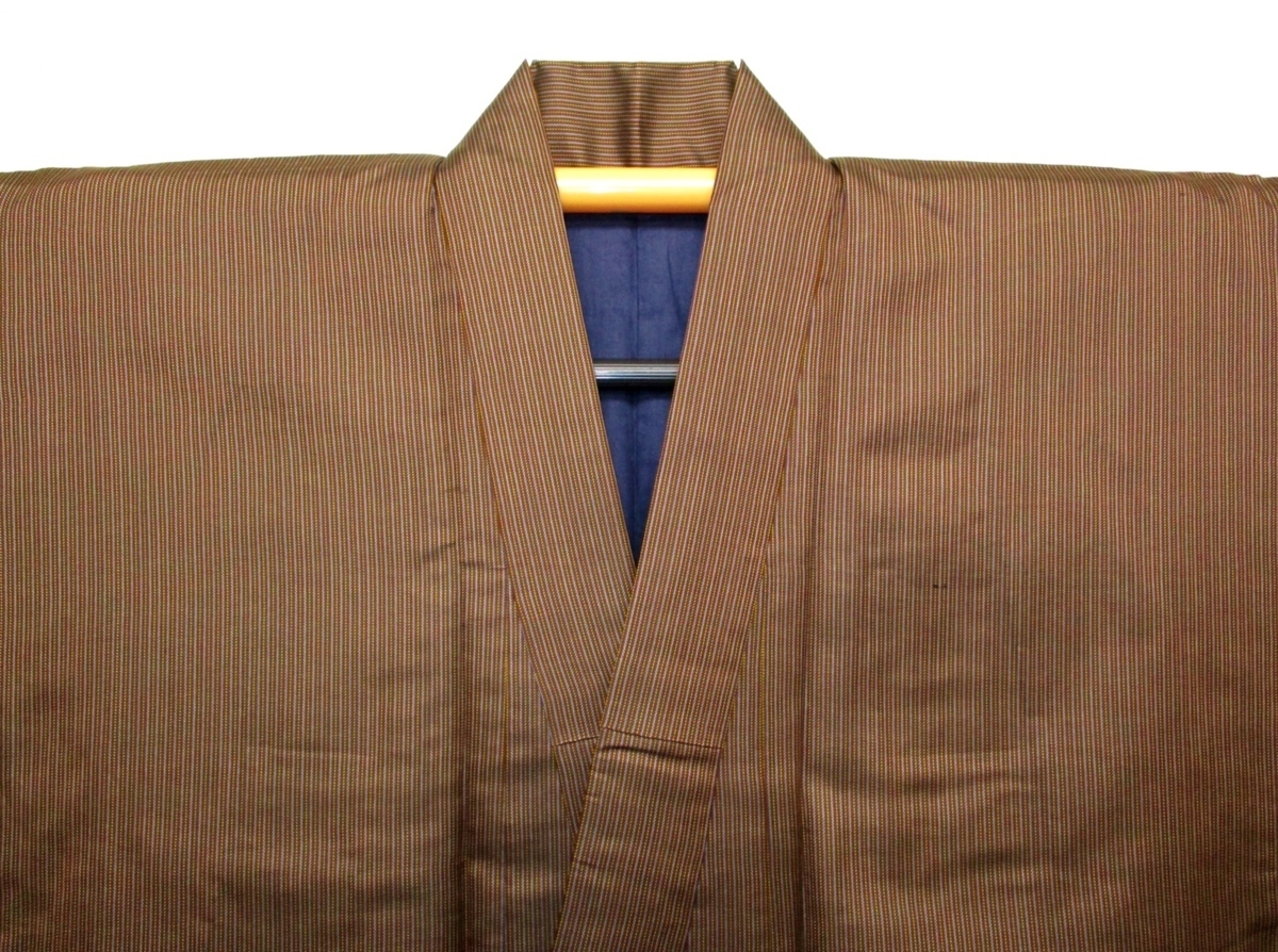 弐7112 本絹 男性着物 裄65丈137К赤茶色の杉綾縞 カッコイイ着物だけシリーズ