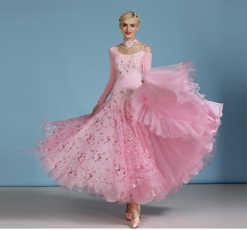 NEW　レディース社交ダンス衣装　ワルツ競技モダンドレス新品　可愛い花柄スカート　ピンク　サイズS～XXL選択可