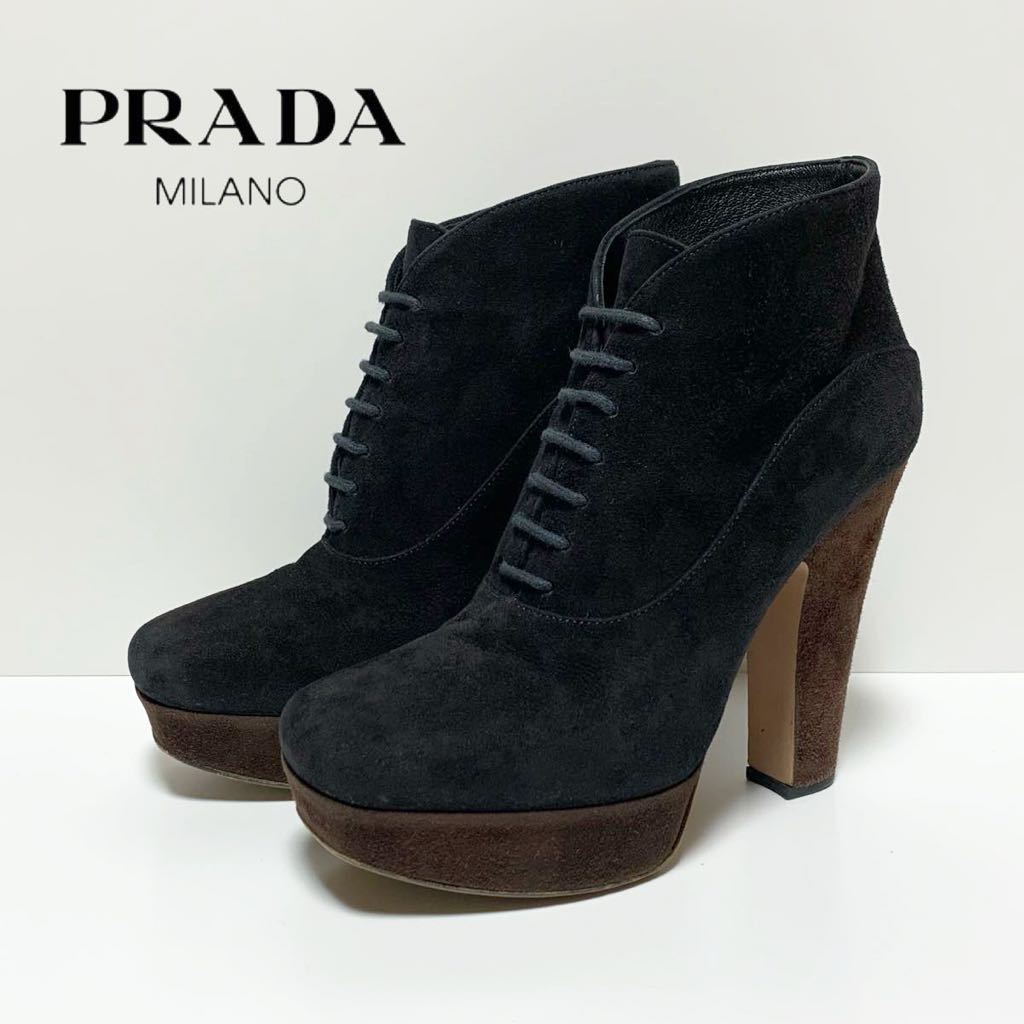 ☆良品 プラダ PRADA バイカラー ハイヒール スエード アンクル ブーツ 黒 × 濃茶 size 35.5 イタリア製 ブーティ ショートブーツ