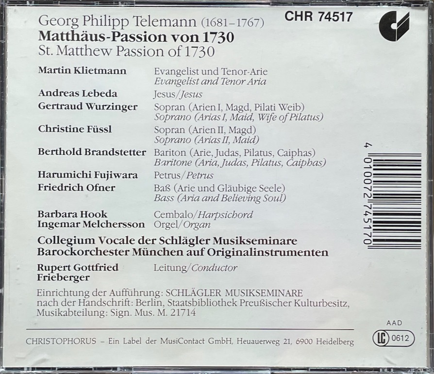 (C91H)☆バロック2CD/テレマン：マタイ受難曲（1730）/Georg Philipp Telemann-St.Matthew Passion of 1730/フライベルガー(西ドイツ盤)☆_画像2