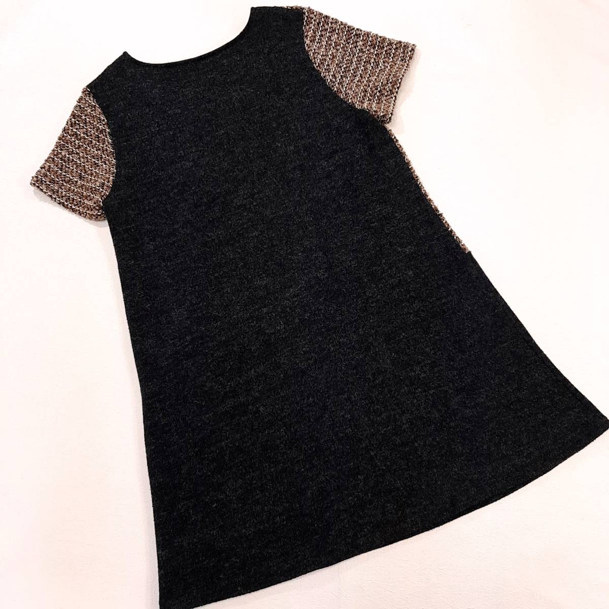 p6 beautiful goods * coral * free shipping *bai color tweed style stretch short sleeves tunic One-piece mini height * lady's M~L size gray color 