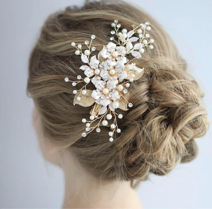 ブライダル 髪飾り ウェディング パール 結婚式 ヘアアクセサリー ヘアピン花柄 ゴールド ヘッドドレス クリップ付きの画像3