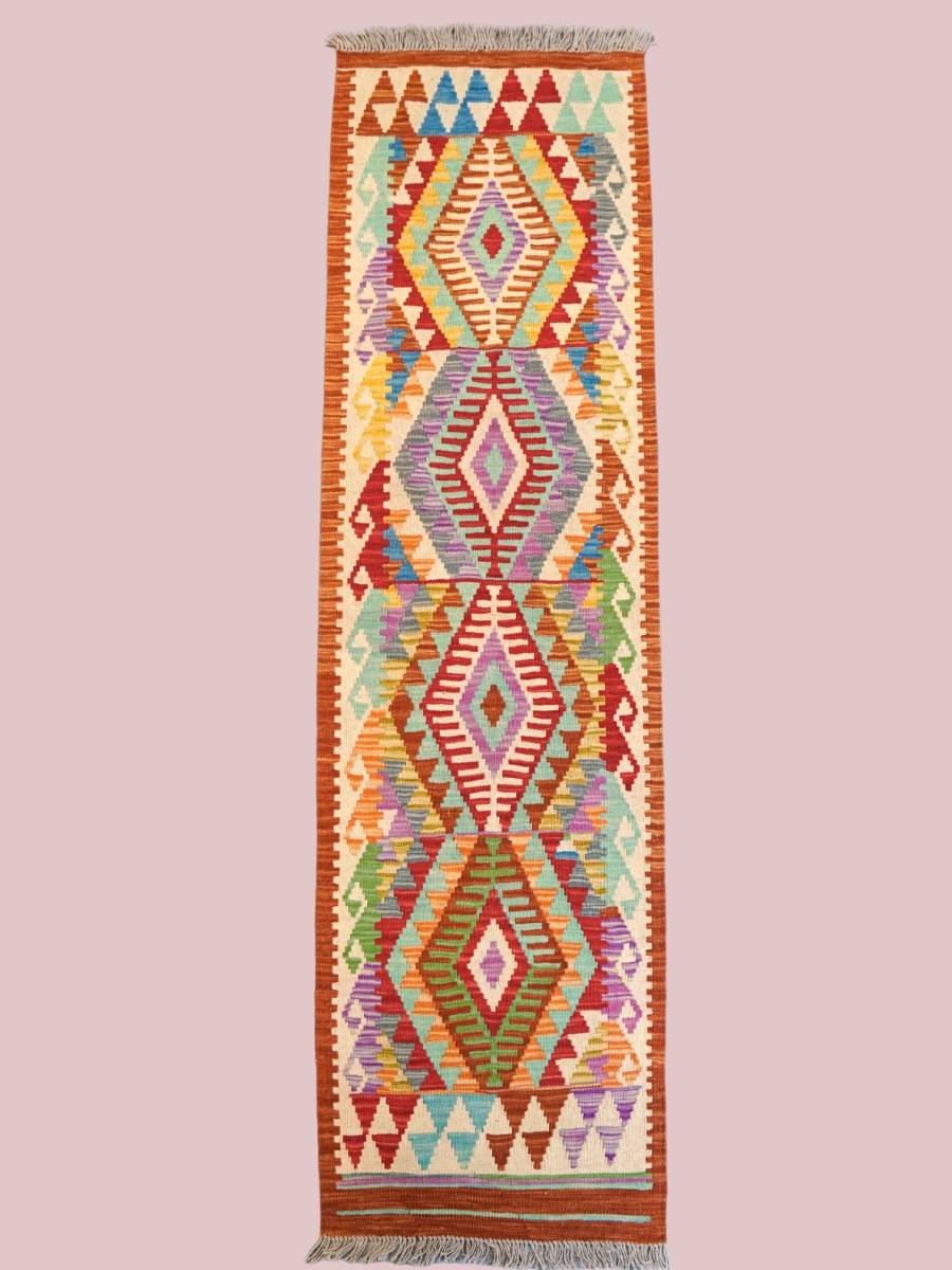売れ筋介護用品も！ 廊下敷きアフガニスタン手織りキリム 手織り絨毯