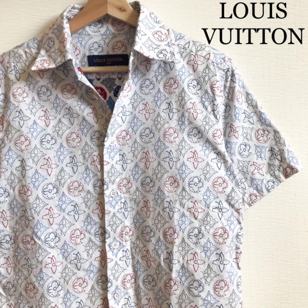 未使用に近い ルイヴィトン シャツ ブラウス トップス 半袖 モノグラム 総柄 襟付き マルチカラー メンズ Mサイズ相当 LOUIS VUITTON