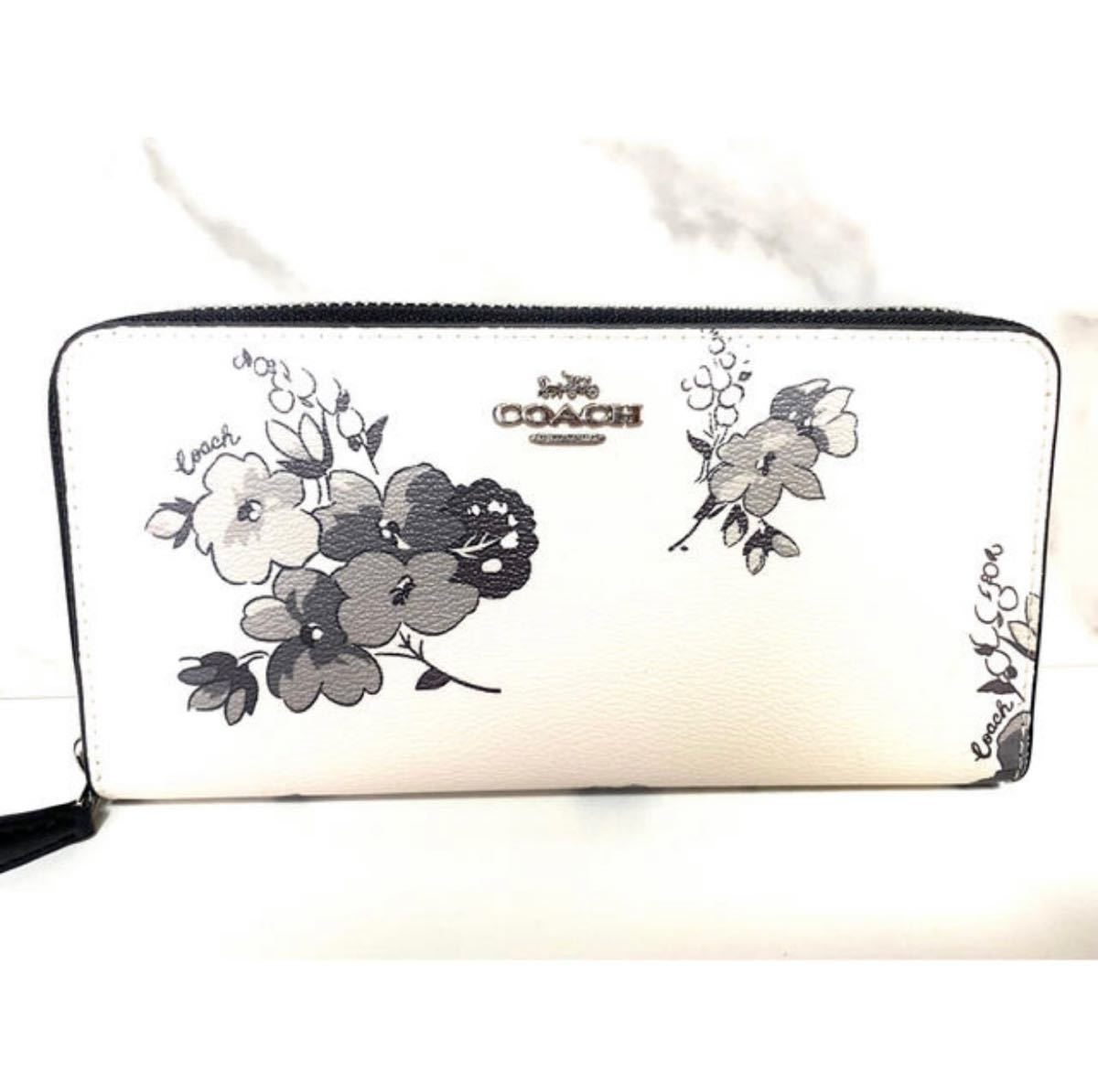 新品 未使用 COACH コーチ 長財布 ホワイト 花柄 バラ ローズ