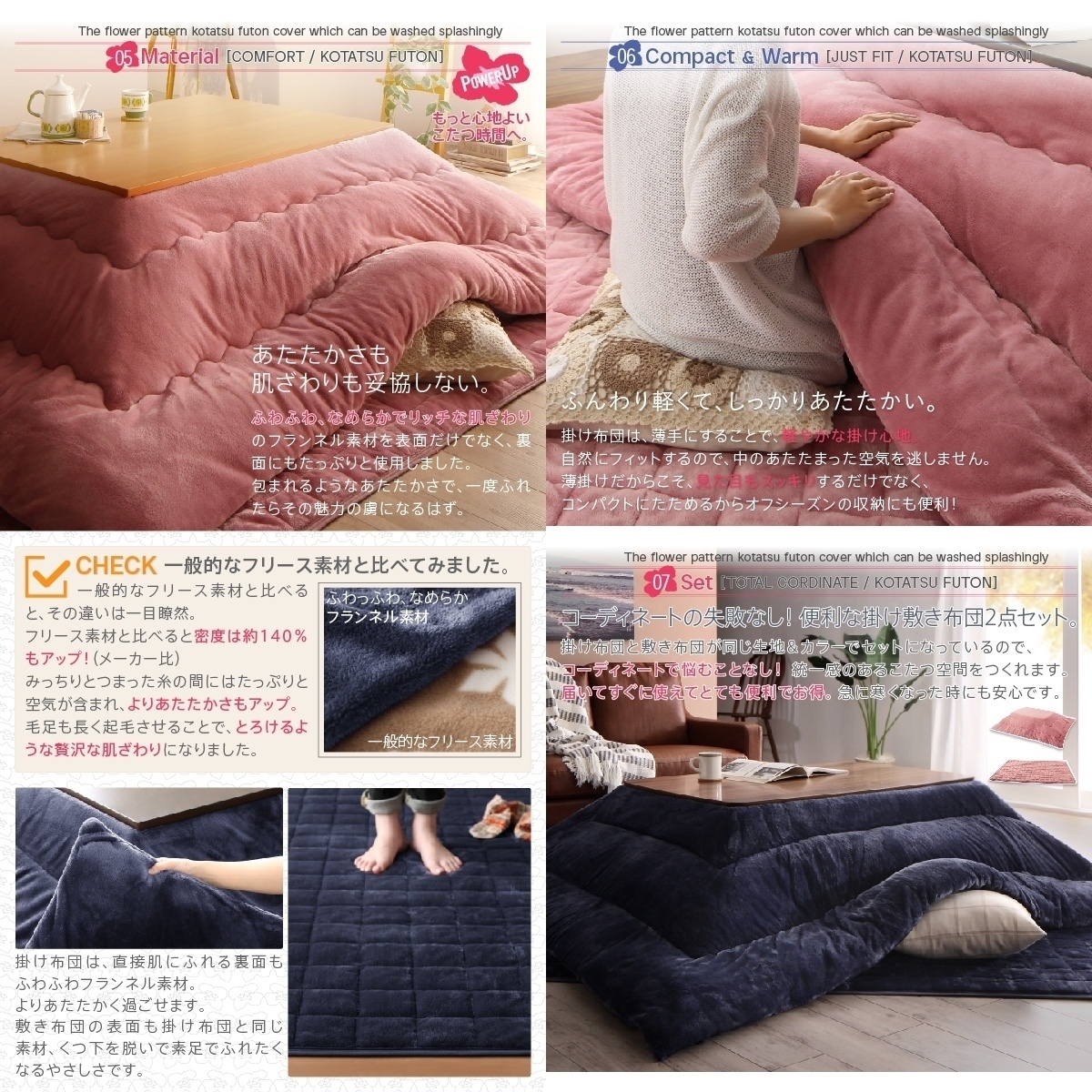オリジナル ザブザブ洗えるフラワー柄カバー付きこたつ布団 2点セット