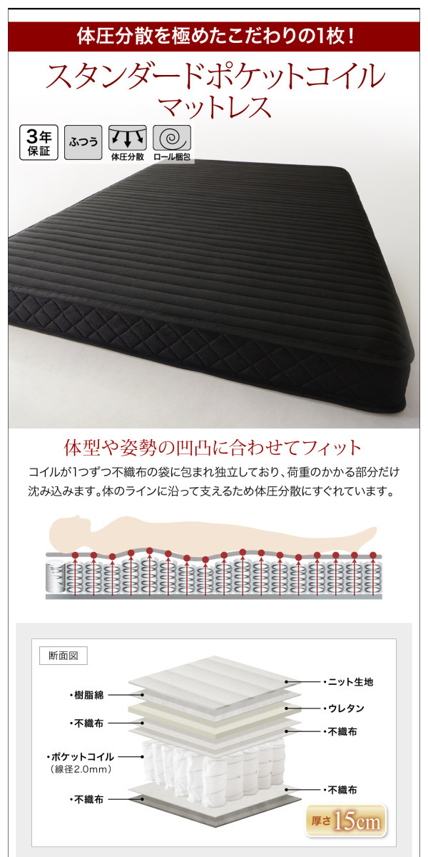 棚・コンセント付きフロアベッド Geluk ヘルック スタンダードポケットコイルマットレス付き ダブル ブラック×ホワイト_画像6