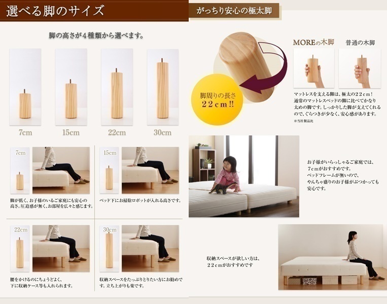 日本製ポケットコイルマットレスベッド MORE マットレスベッド グランドタイプ ワイドK240 脚30cm_画像5