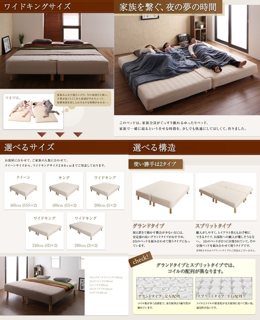 日本製ポケットコイルマットレスベッド MORE マットレスベッド スプリットタイプ ワイドK240 脚15cm_画像3