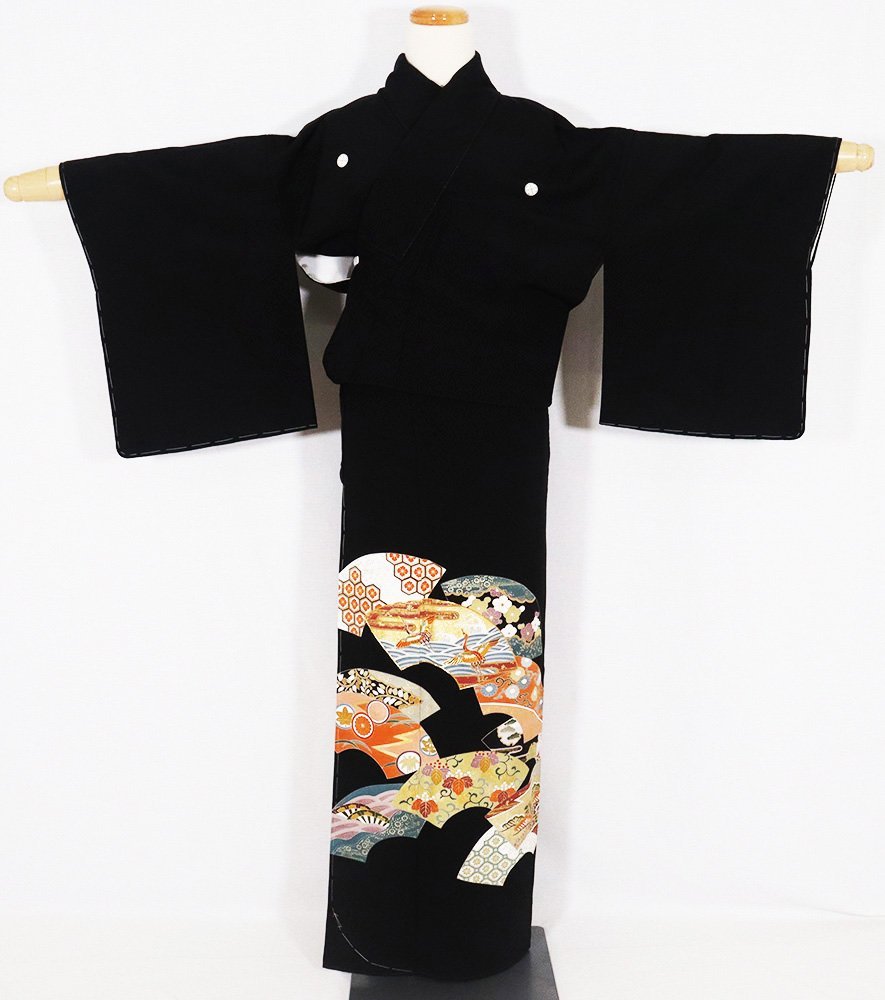 黒留袖 袷 正絹 花鳥文 扇文 五つ紋 Mサイズ 比翼仕立て 結婚式 ki26106 美品 レディース 送料無料