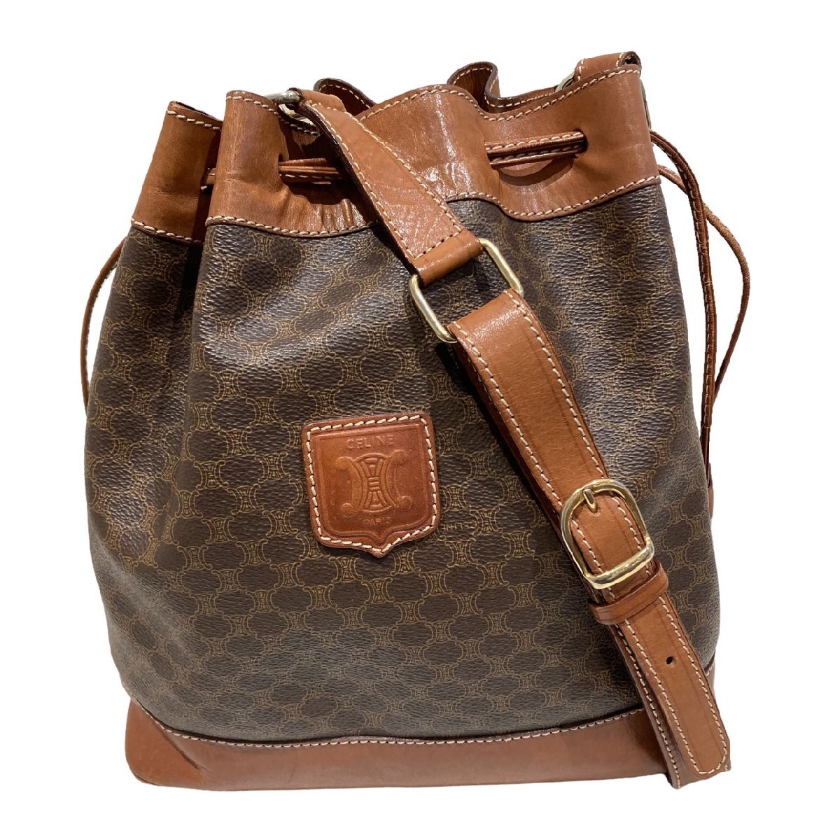 CELINE セリーヌ マカダム柄 巾着 ショルダーバッグ PVCxレザー