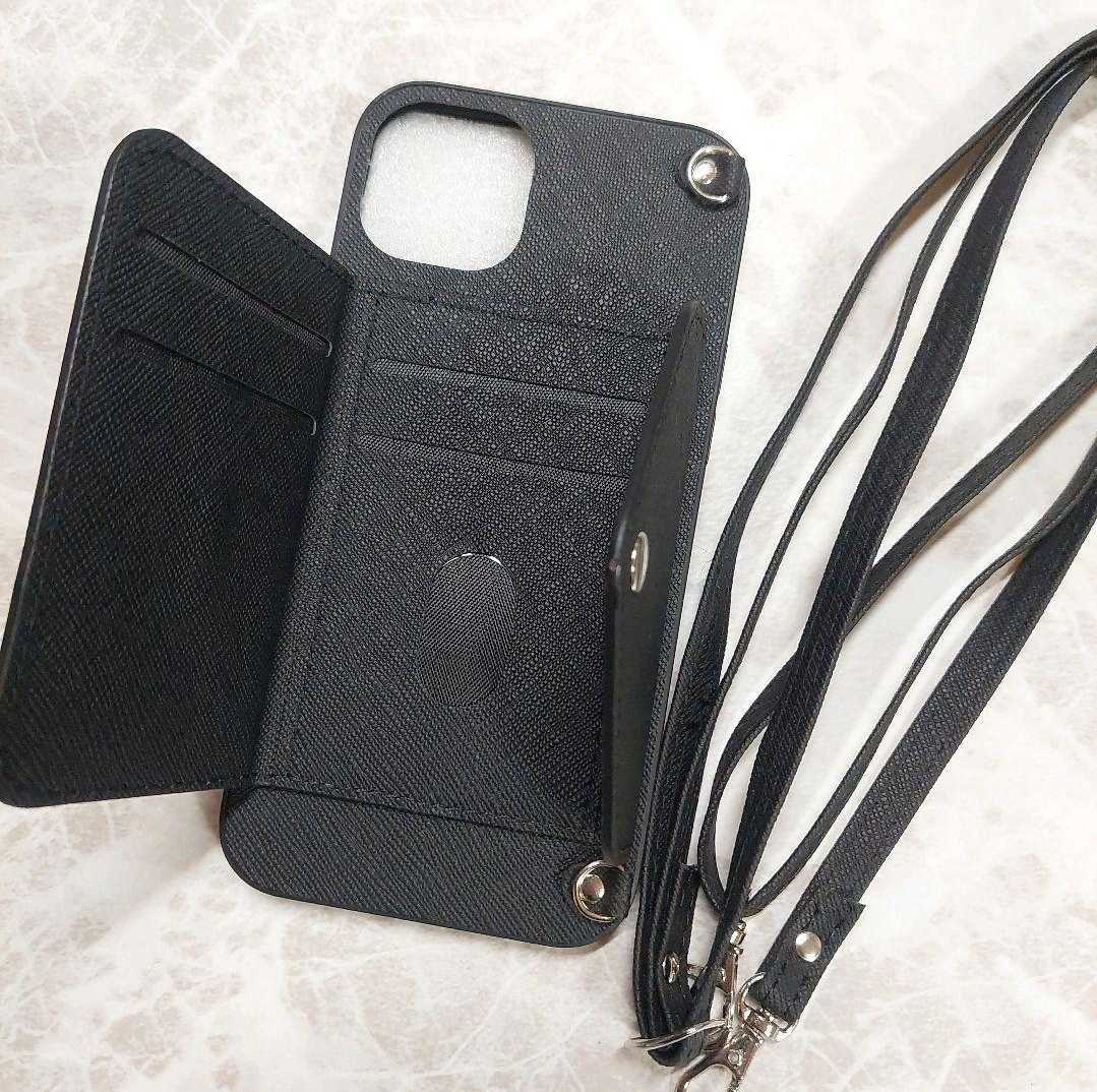 iPhone 14Plus case black leather manner shoulder belt attaching 