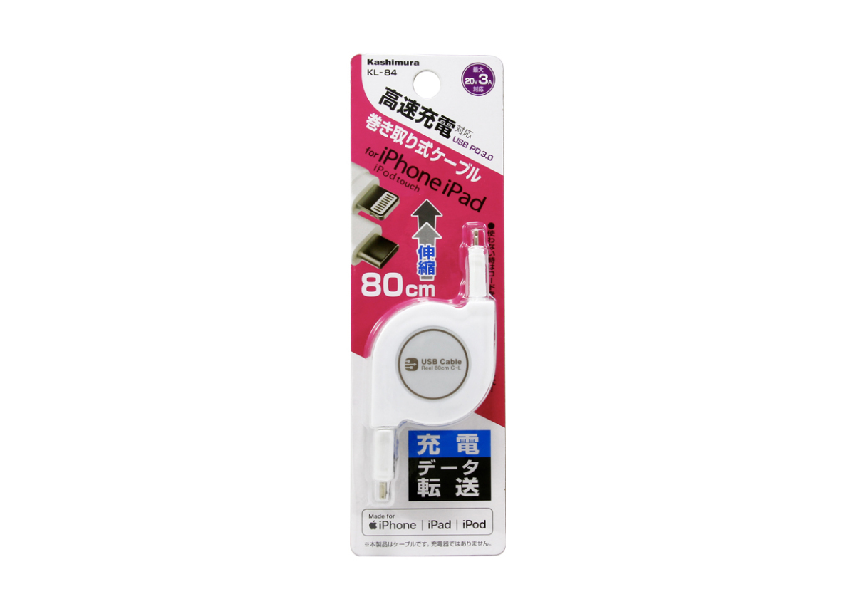送料込送料込カシムラ USB充電同期ケーブル リール 80cm LN WH KL-31 スマホ、タブレット充電器