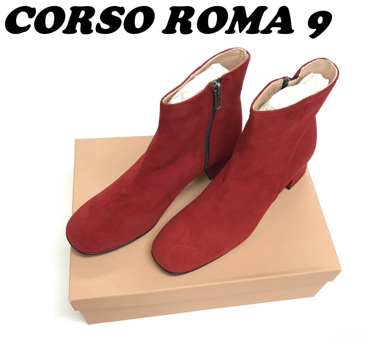 未使用品 /37/ CORSO ROMA 9 レッド スウェードショートブーツ LINDA115 スエード 赤 ROSSO サイドジップ イベント ロッソ コルソローマ_画像1