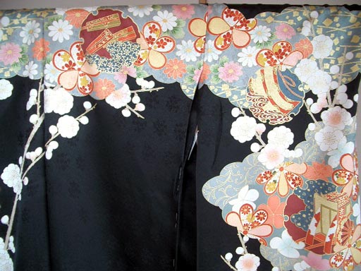 [ new goods ][ japanese silk use ] hand .... long-sleeved kimono plum. flower ... pattern black kimono coming-of-age ceremony silk graduation ceremony gratitude . wedding simplified gorgeous on goods unused 