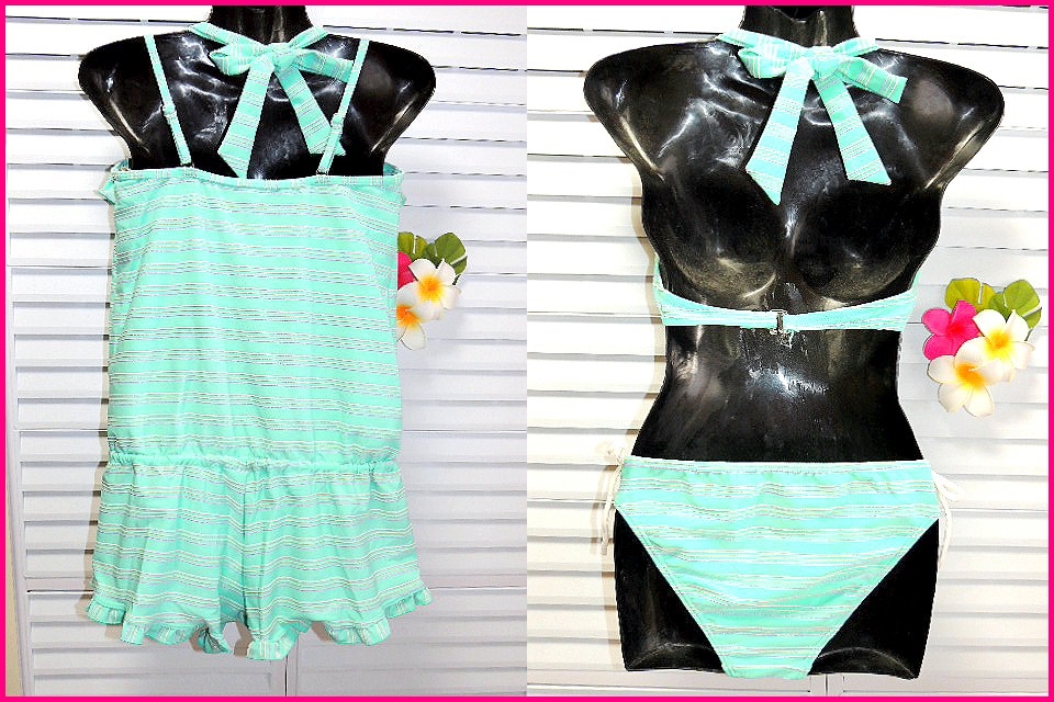  wire separate swimsuit all-in-one short pants set 11 number /L mint green × lame entering border 
