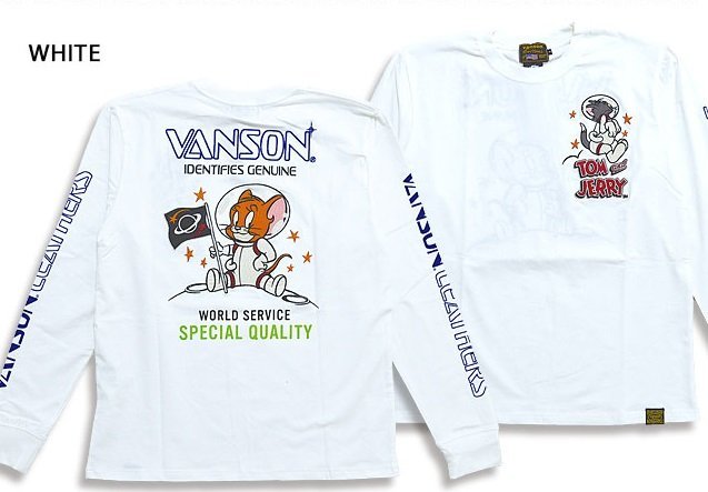 vanson×TOM＆JERRYコラボ ベア天竺ロングTシャツ◆vanson ホワイトLサイズ TJV-2231 バンソン ヴァンソン トムとジェリー 刺繍