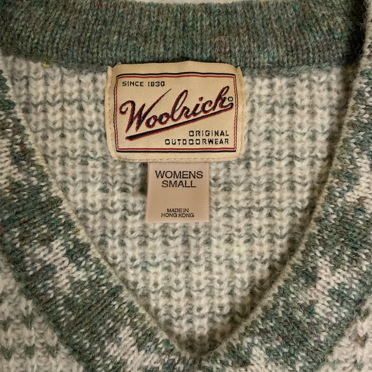 WOOLRICHウールリッチバーズアイ柄Vネックウールセーター古着レディースS