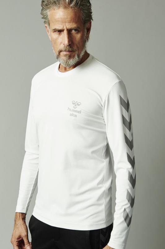 AKM×hummel L/S HYBRID TEE 長袖シャツ XLサイズ 【ホワイト】ハイブリッドネック T177-PET069 XL WHITE