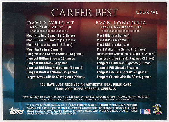 △DAVID WRIGHT+EVAN LONGORIA/2009 TOPPS2 CAREER BESTデュアルジャージ #99!_画像2