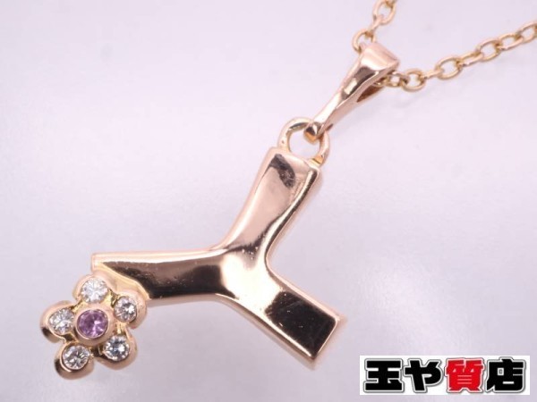  Ponte Vecchio beautiful goods sapphire 0.01ct diamond 0.02ct initial Y flower pendant necklace 750 K18PG pink gold 