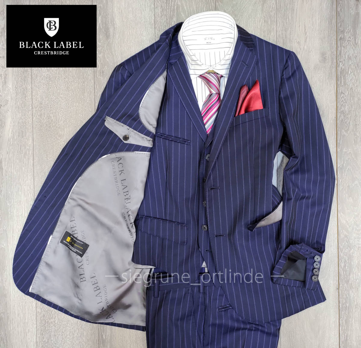 美品】ブラックレーベル クレストブリッジ 本切羽 MIYUKIKEORI J∞quality スリーピース スーツ 92-76-170 38R (Mサイズ) BLACK LABEL (美品)シルク★ アンセンブル スーツとベスト 柄物