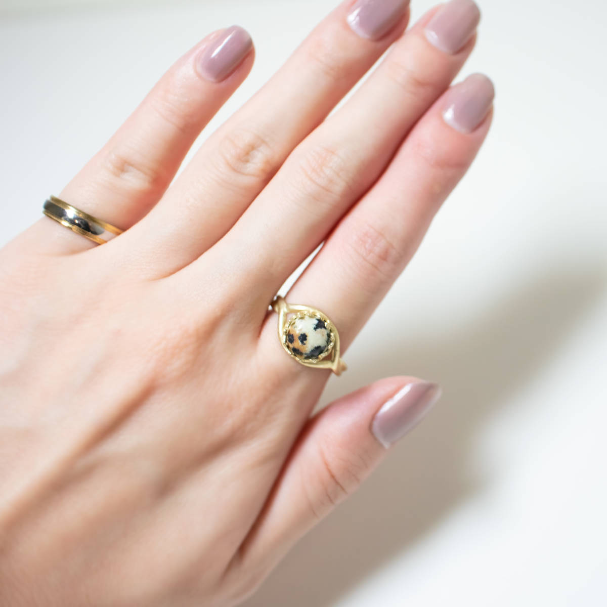 天然石 ダルメシアンジャスパー クラウン リング【フリーサイズ】指輪 真鍮 ゴールド