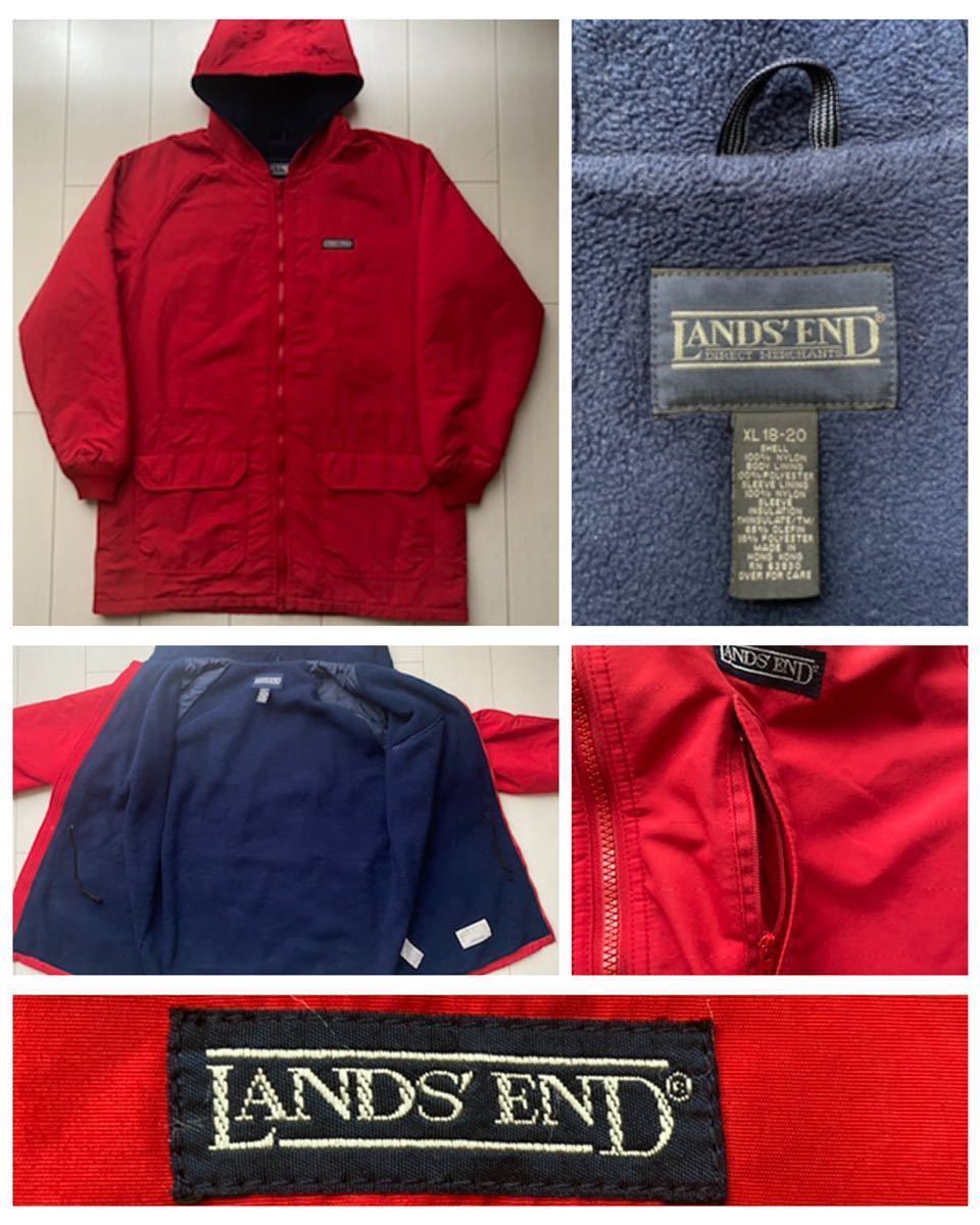 送料無料 美品 90s vintage ビンテージ LANDS'END ランズエンド NYLON ナイロン FLEECE フリース マウンテン  パーカー ジャケット 赤 紺 XL