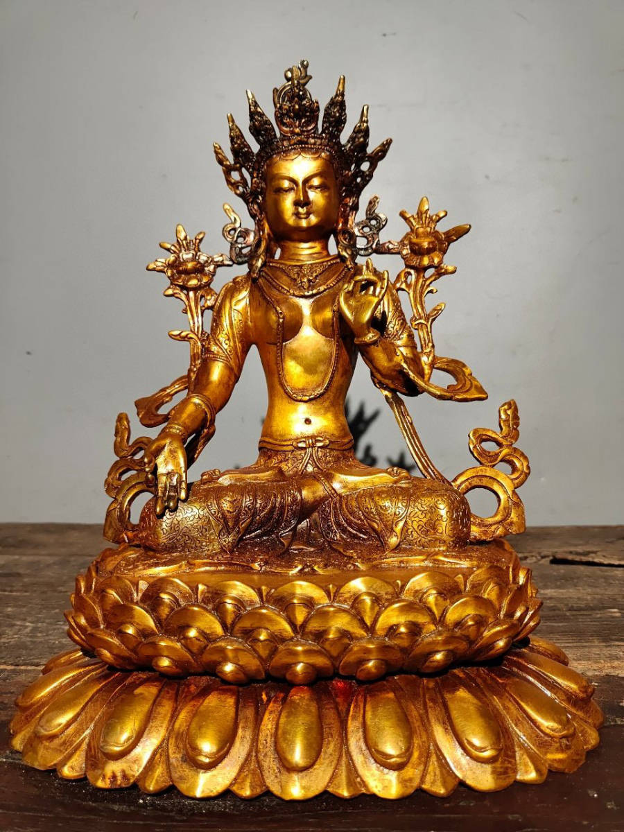 蔵友館蔵品・銅製・塗金・綠度母像】希少珍品・置物・賞物・中国時代