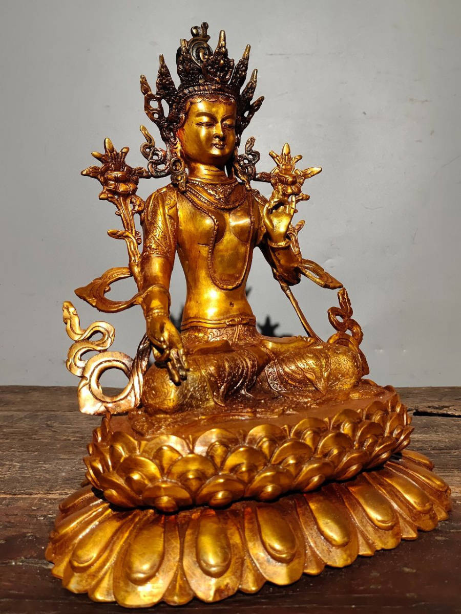 蔵友館蔵品・銅製・塗金・綠度母像】希少珍品・置物・賞物・中国時代
