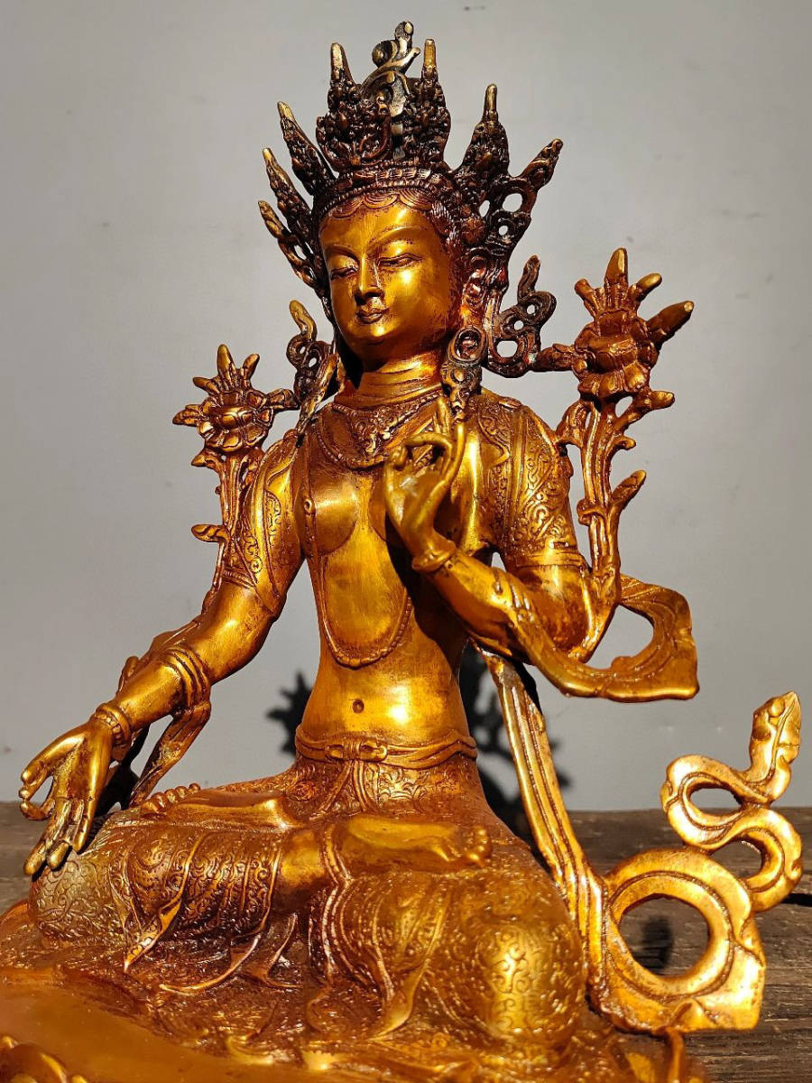 蔵友館蔵品・銅製・塗金・綠度母像】希少珍品・置物・賞物・中国時代