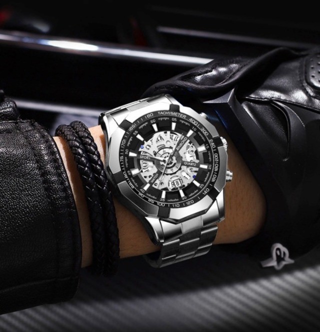 PayPayフリマ｜BINBOND ラグジュアリー スケルトン メンズ ステンレス 新品 腕時計 シルバー黒