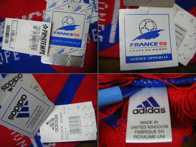即決 送料無料 新品 フランス代表 1998フランスW杯 ニットマフラー 青×赤×白 アディダスadidasサッカー_画像2