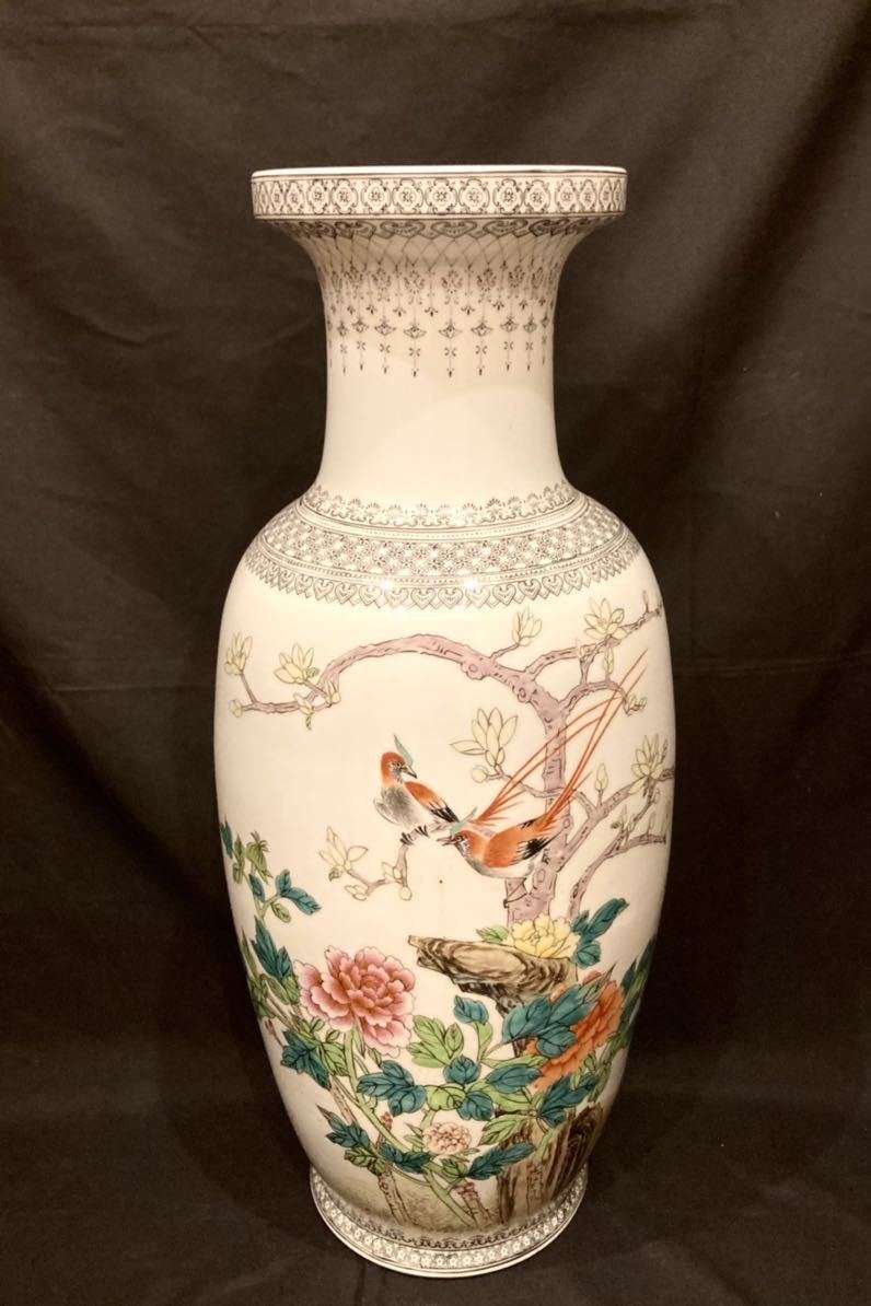 景徳鎮 粉彩花鳥紋大花瓶 61cm 中国古陶磁 色絵磁器 文房 茶道具 花器 