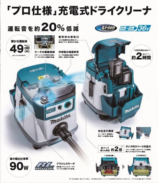 マキタ VC866DZ+BL1860Bx2+DC18RD 18Vx2=36V 充電式ドライクリ－ナ 乾式専用 集塵容量8L 18V-6.0Ahバッテリx2個+2口充電器付 新品 代引不可_画像2