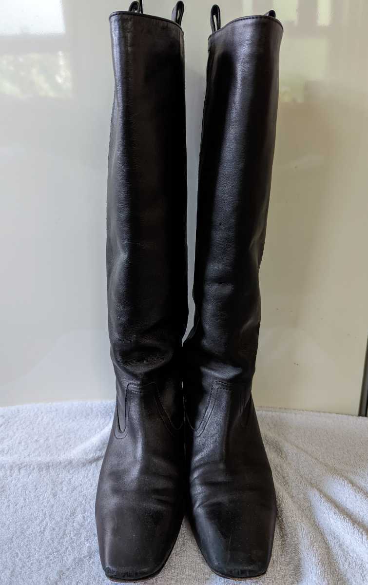 used 本革 レザー ロングブーツ 黒 ブラック FABIO RUSCONI ファビオルスコーニ チャンキーヒール スクエアトゥsize39 24.5cm 25cmくらい