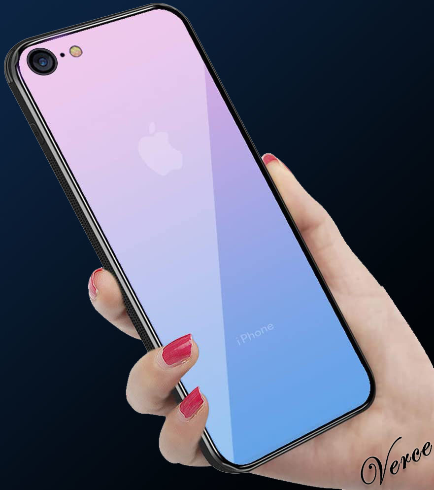 【鮮やかなピンク透明グラデーション】 背面ガラスケース iPhone SE / iPhone7 / 8 TPU ストラップホール 耐衝撃 指紋防止 グリップ感_画像3