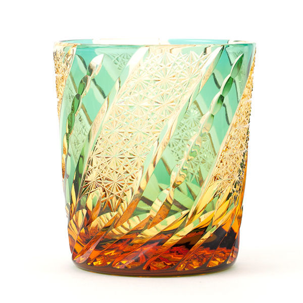 送料無料江戸切子琥珀色緑被せクリスタルガラスロックグラス「風車」伝統工芸品 酒グラス ロックグラス（662）