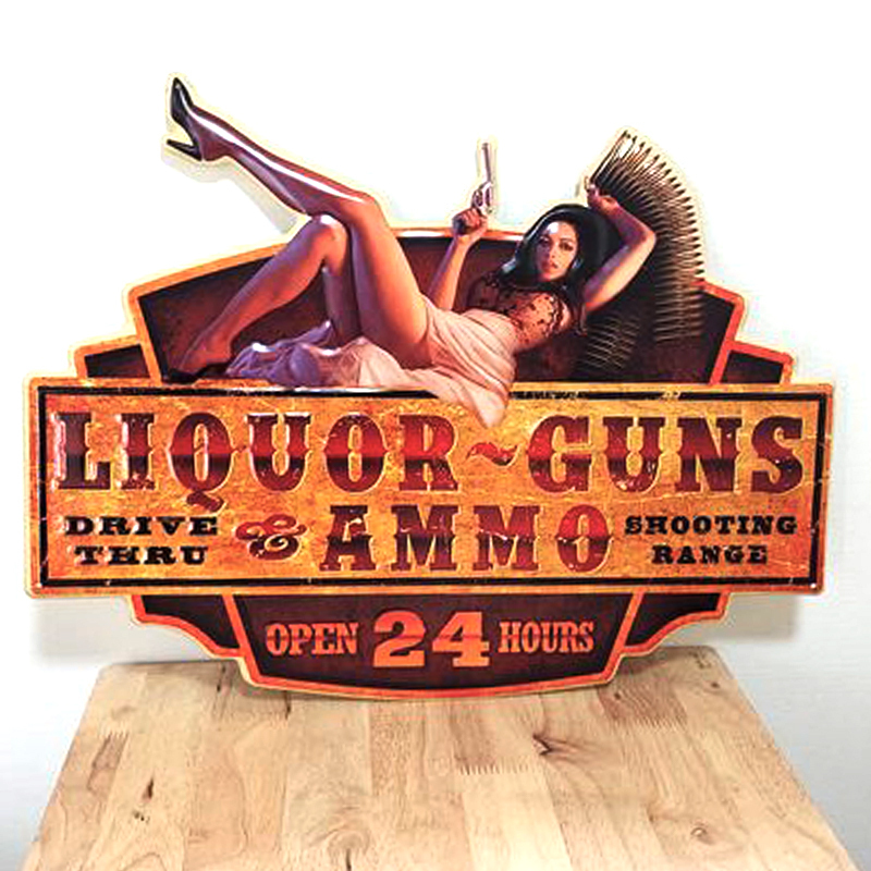 ブリキ看板 セクシー アンティーク おしゃれ LIQUOR? GUNS アメリカン ビンテージ 壁掛け プレート 壁飾り 雑貨 大きいの画像1