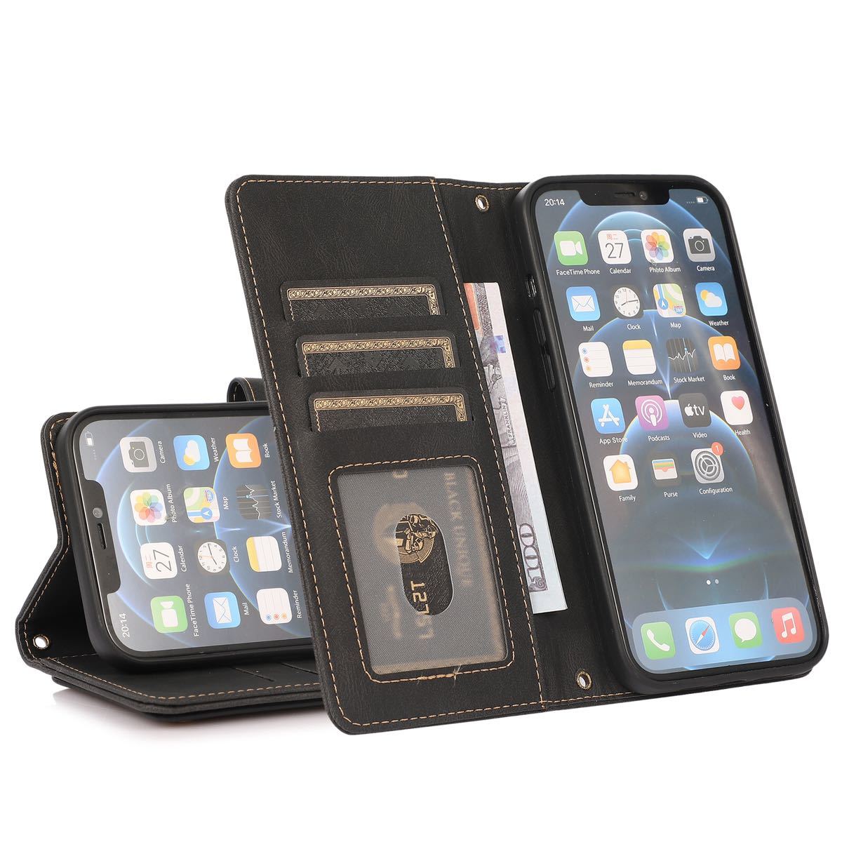 iPhone 14 pro max レザーケース アイフォン14 プロ マックス ショルダーケース 6.7インチ カバー 手帳型 カード収納 G1 ブラック