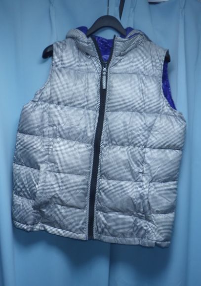  unused storage goods * with a hood reversible down vest blue navy blue & silver chewing gum size 3 L 2XL lady's / autumn / spring jacket for searching Uniqlo **