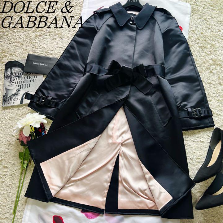 [ beautiful goods ]DOLCE&GABBANA satin long coat waist ribbon attaching 42 Dolce and Gabbana XL black black .. collar collar turn-down collar 